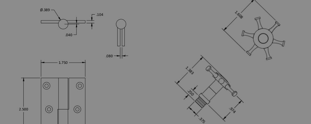 Technical drawings of mechanical components on a gray background