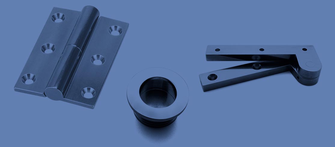 Set of door hardware components including a hinge, latch, and deadbolt on a blue background.