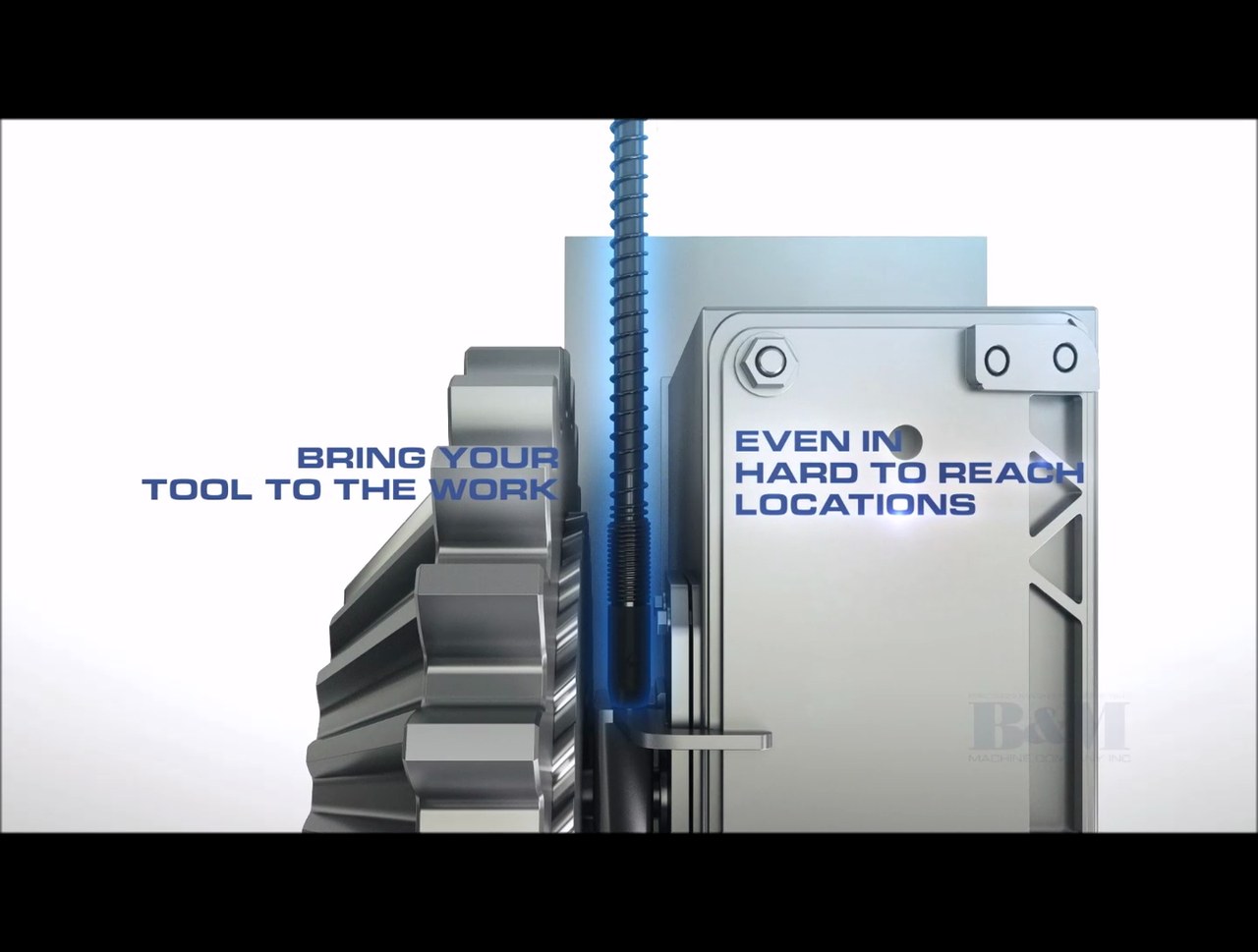Industrial tool with text 'Bring your tool to the work' and 'Even in hard to reach locations'.